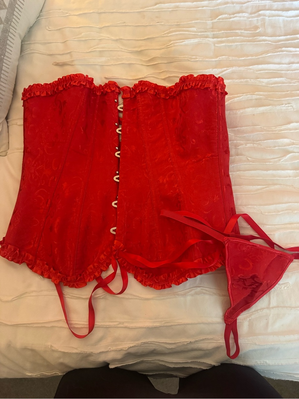 Red Satin Lace Corset Bustier Set - Women's Intimates